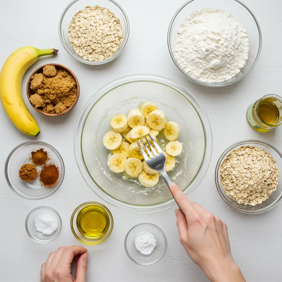 Air Fryer Banana Oatmeal Cookie for One – Healthy, Easy & Protein-Packed 6 Mashing banana in bowl surrounded by ingredients for Air Fryer Banana Oatmeal cookie