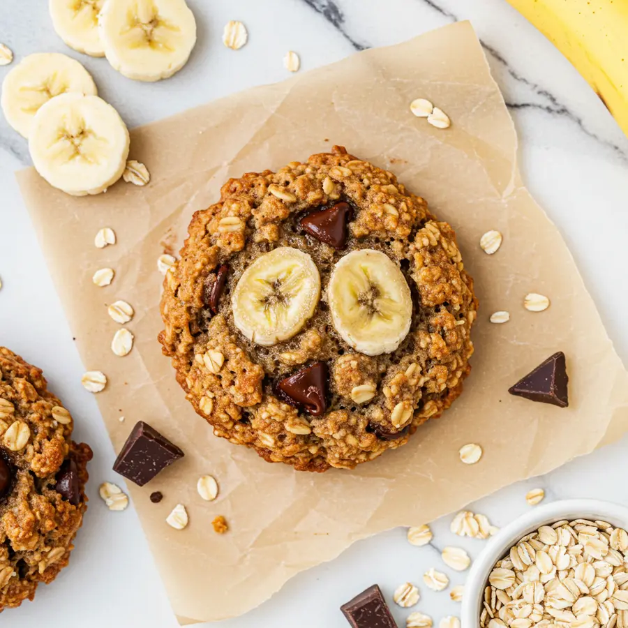 Air Fryer Banana Oatmeal Air Fryer Banana Oatmeal cookie with chocolate chips on parchment paper