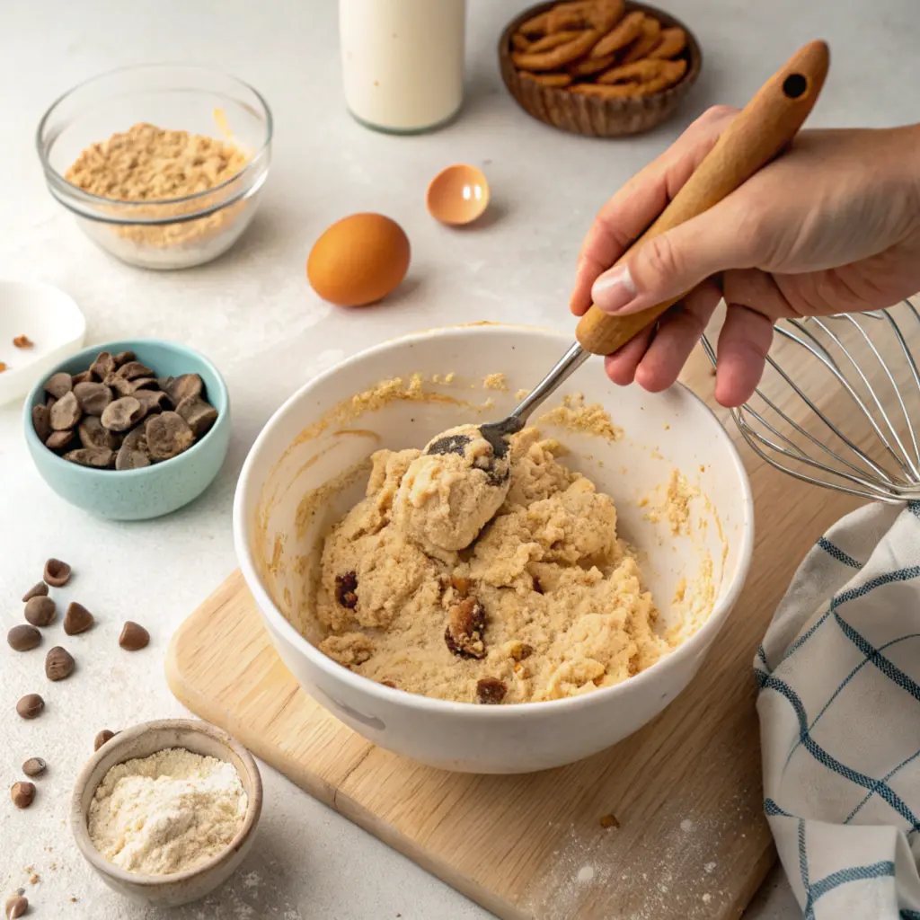 Gluten-Free Air Fryer Cookie Gluten-free air fryer cookie dough in basket ready to bake