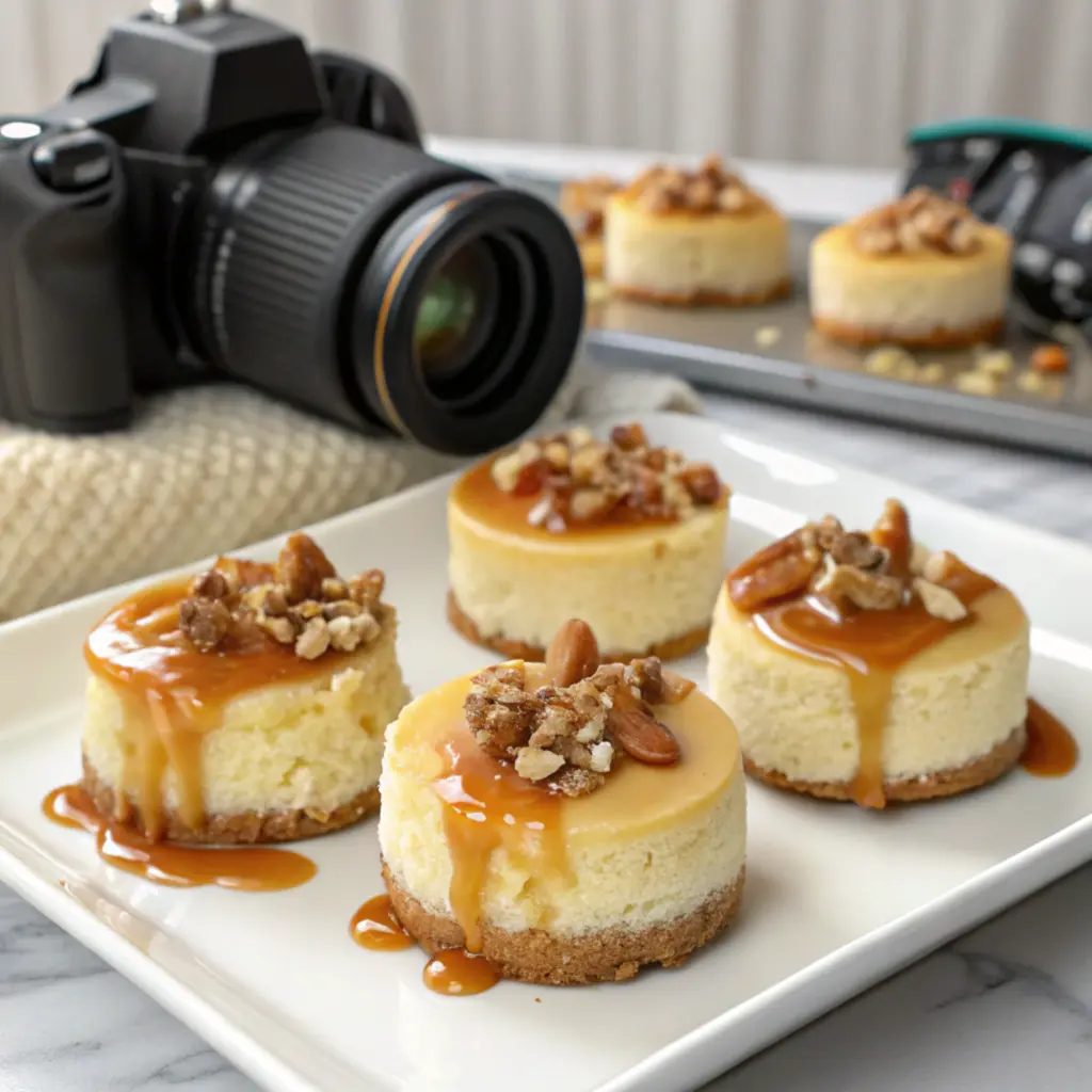 Air-fryer mini cheesecakes with caramel drizzle and chopped nuts