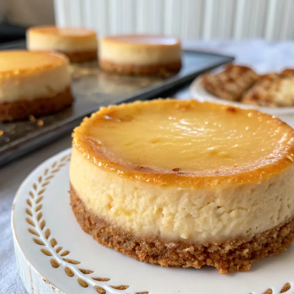  Close-up of an air-fryer mini cheesecake with a golden graham cracker crust