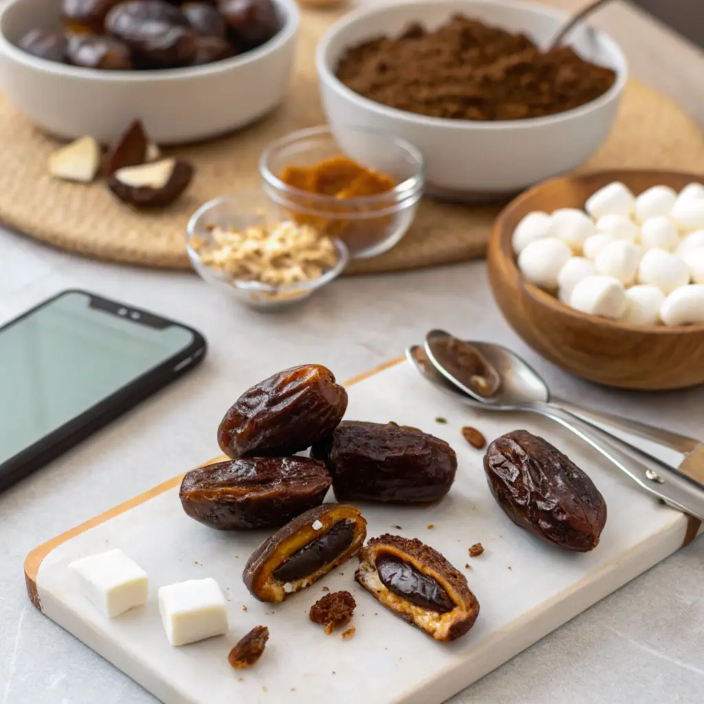 Air Fryer S'mores filling dates with marshmallow and chocolate