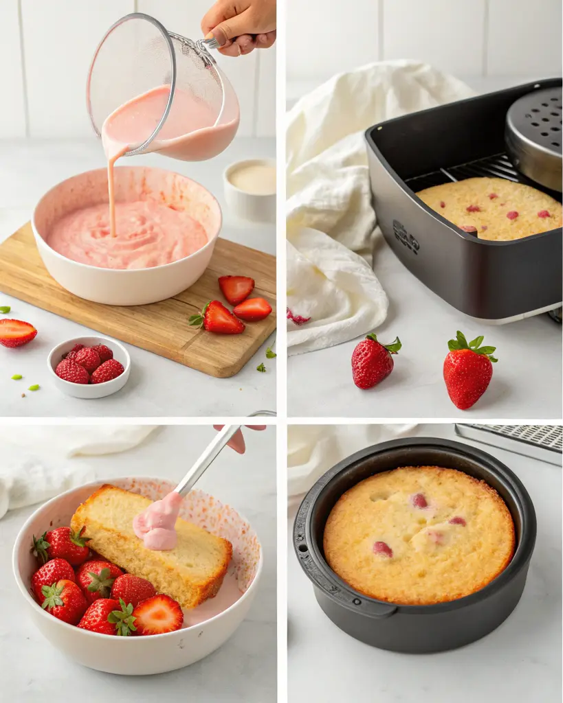 Air Fryer Strawberry Cake “Ingredients for air fryer strawberry cake laid out on a countertop”