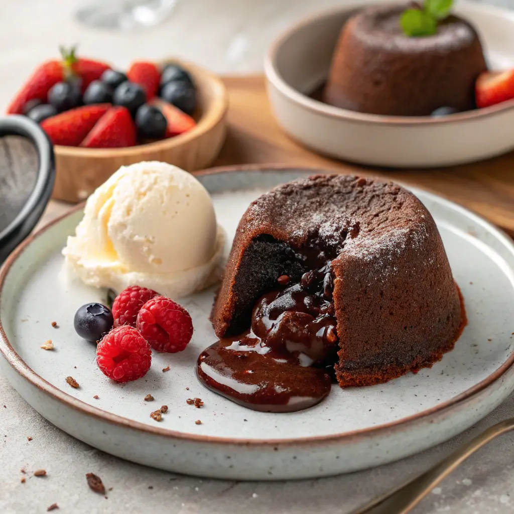 Air Fryer Lava Cakes Served lava cake with ice cream