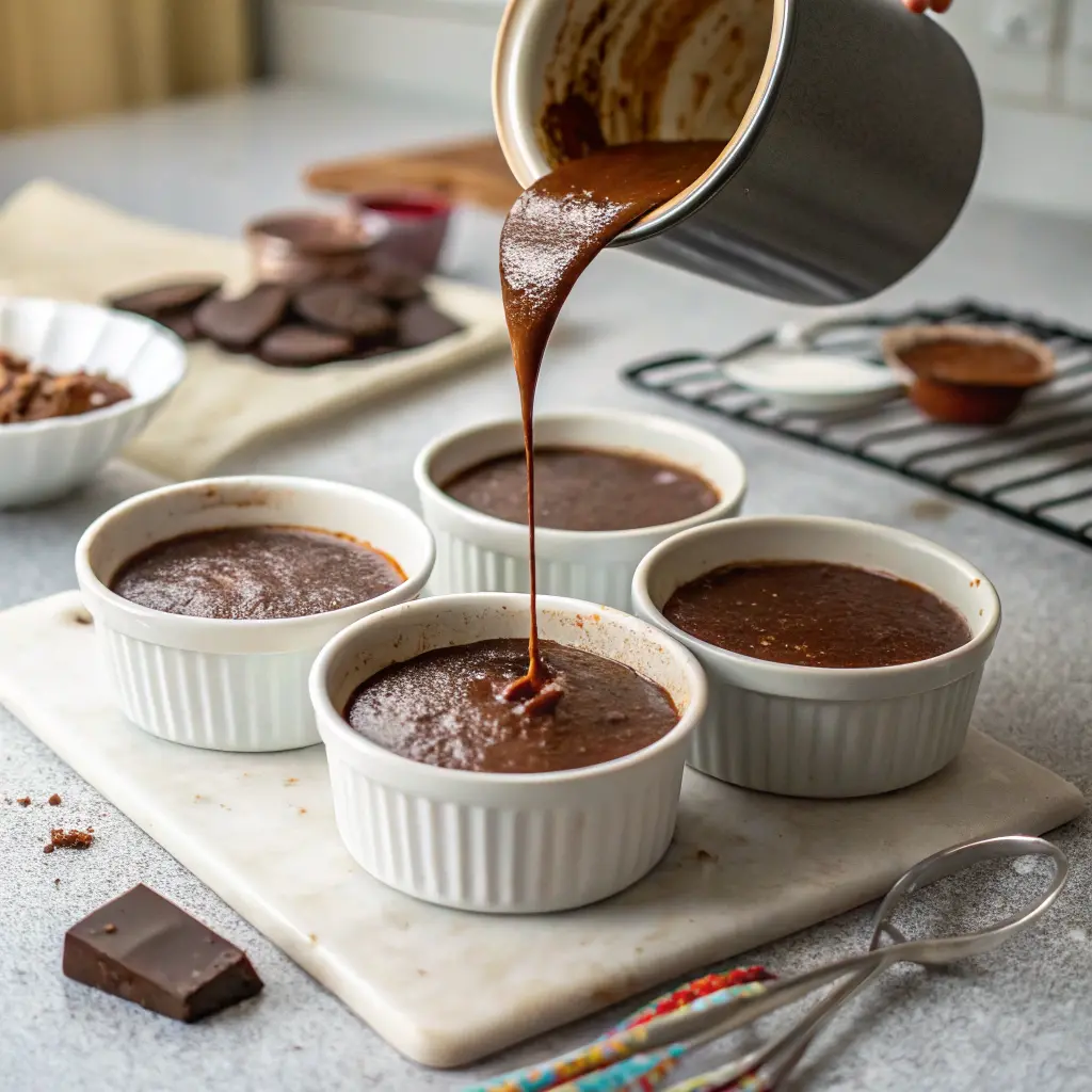 Air Fryer Lava Cakes Filling ramekins with lava cake batter