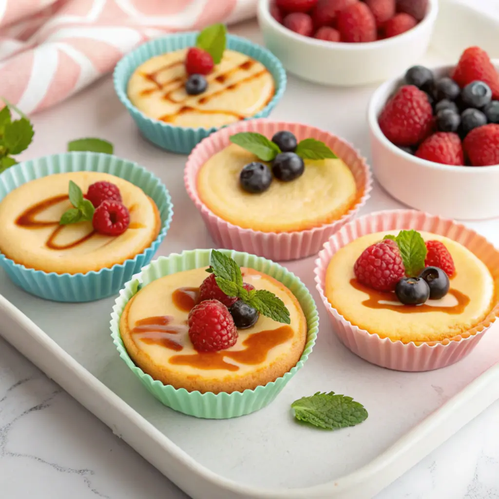 Air-fryer mini cheesecakes topped with fresh berries in silicone liners