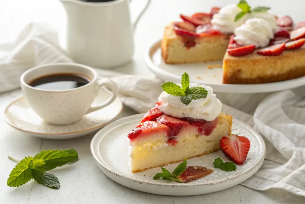 Air Fryer Strawberry Cake “Slice of strawberry cake with whipped cream and coffee”
