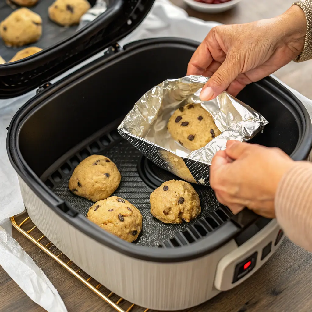 giant air fryer cookie pressing cookie dough in air fryer basket