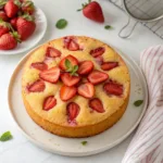 Air Fryer Strawberry Cake “Air fryer strawberry cake topped with fresh berries on wooden table”