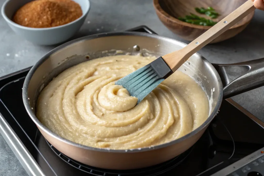 air fryer vegan churros “vegan churro dough in saucepan, being stirred with spatula