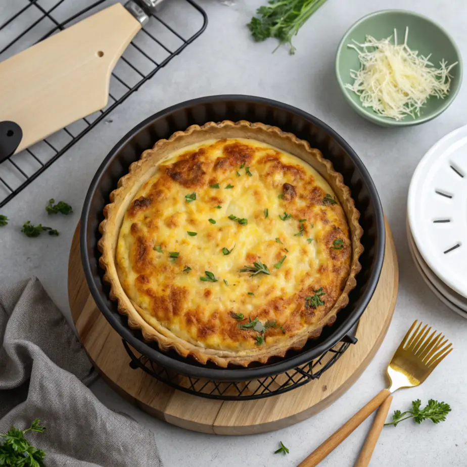 Air Fryer Crack Quiche Quiche inside air fryer basket with tortilla crust”