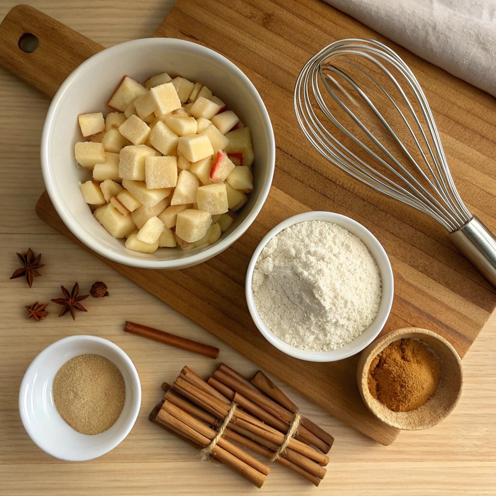 air fryer apple fritters ingredients for air fryer apple fritters on wooden board