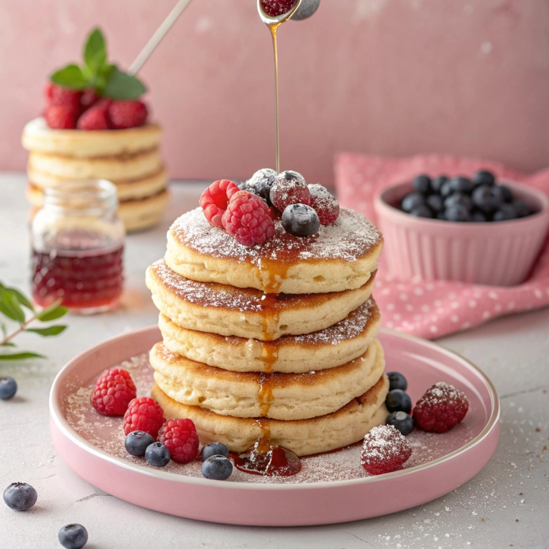 “Stack of air fryer buttermilk pancakes with syrup and berries”