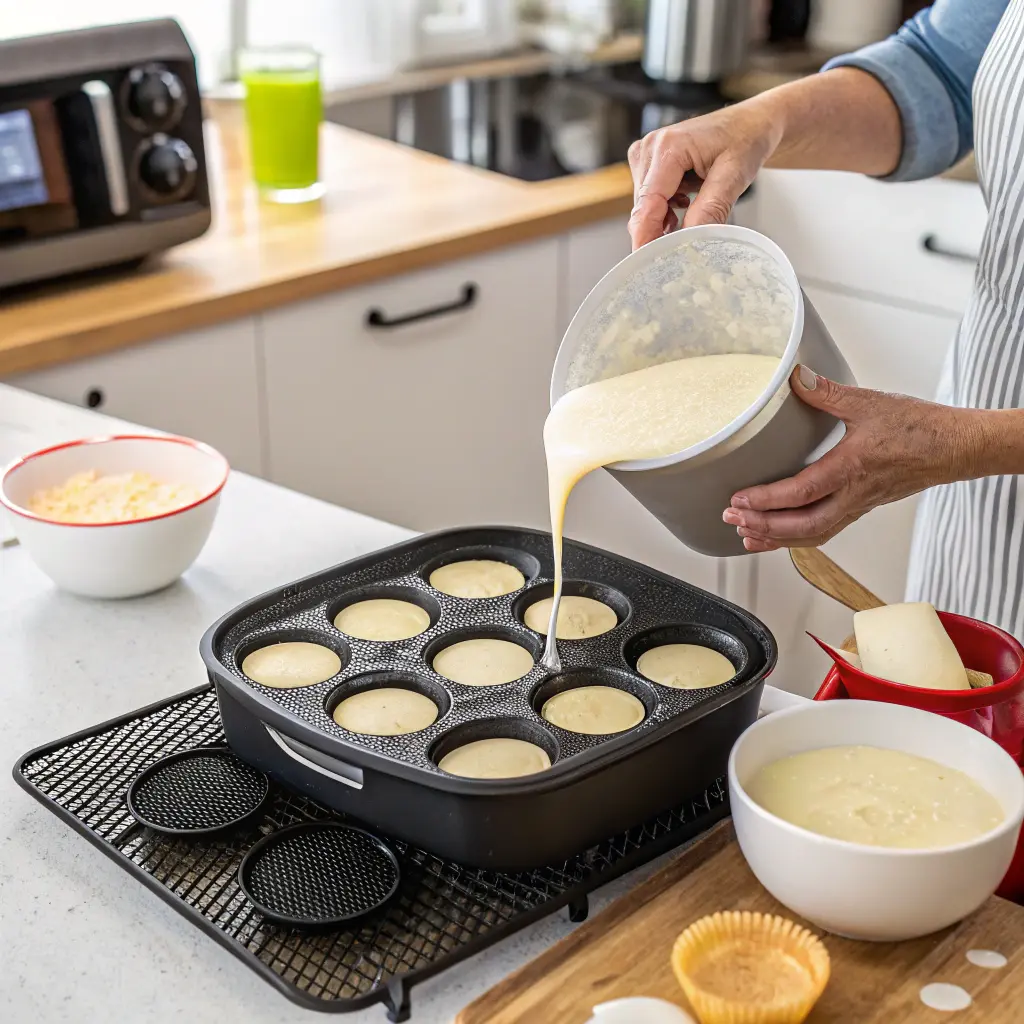 air fryer pancakes Pouring pancake batter into molds inside an air fryer