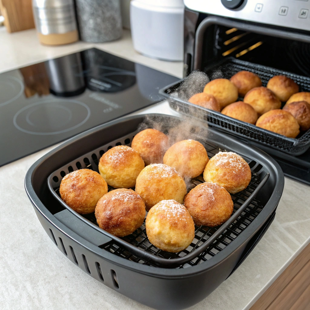 air fryer banana donut holes cooked air fryer banana donut holes in basket