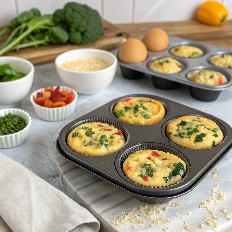 Air Fryer Frittata Muffins Air fryer frittata muffins in colorful silicone cups on a wooden table