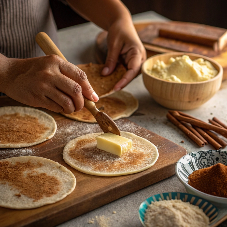 brushing butter on tortillas