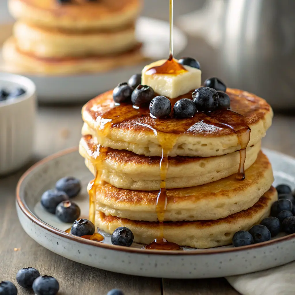 Fluffy stack of air fryer pancakes with syrup and berries