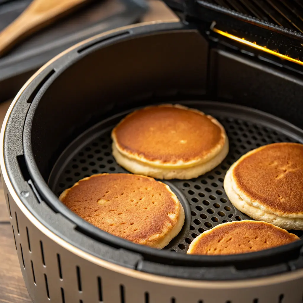 air fryer pancakes Air fryer pancakes cooking inside the air fryer basket