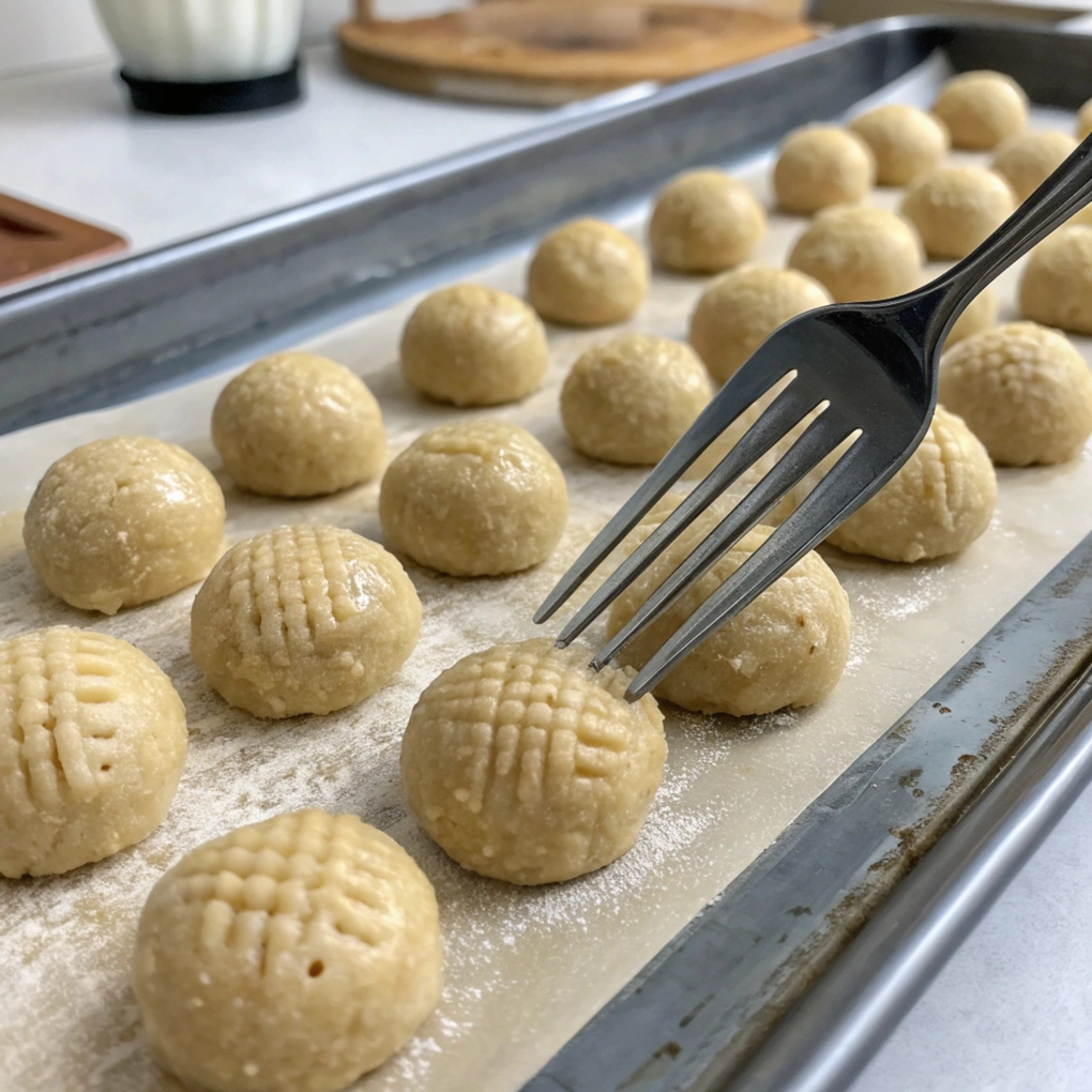 Air Fryer Keto Peanut Butter Cookies Flattening keto cookie dough in air fryer