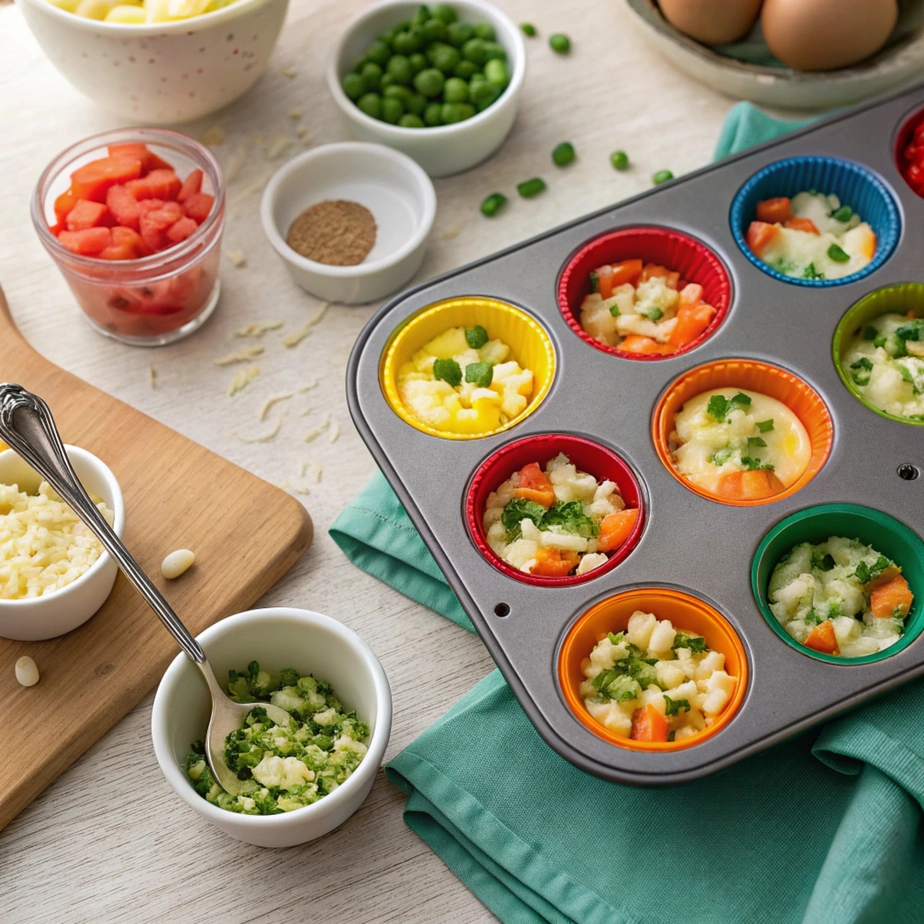 Air Fryer Frittata Muffins Muffin cups filled with vegetables, cheese, and egg mixture ready for the air fryer.