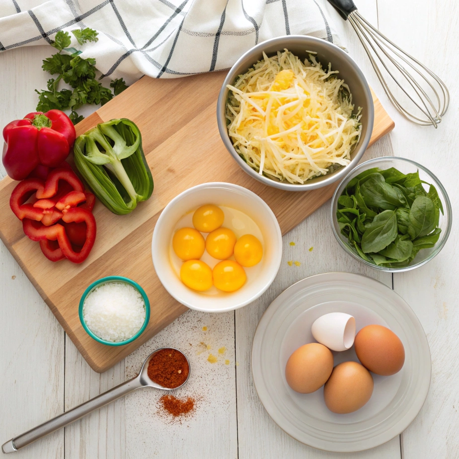 Air Fryer Frittata Muffins Fresh ingredients for air fryer frittata muffins arranged on a wooden counter.