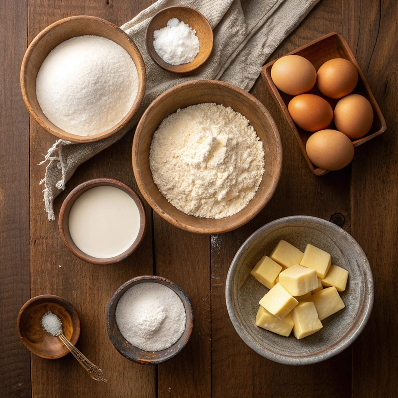“Buttermilk pancake ingredients displayed overhead”