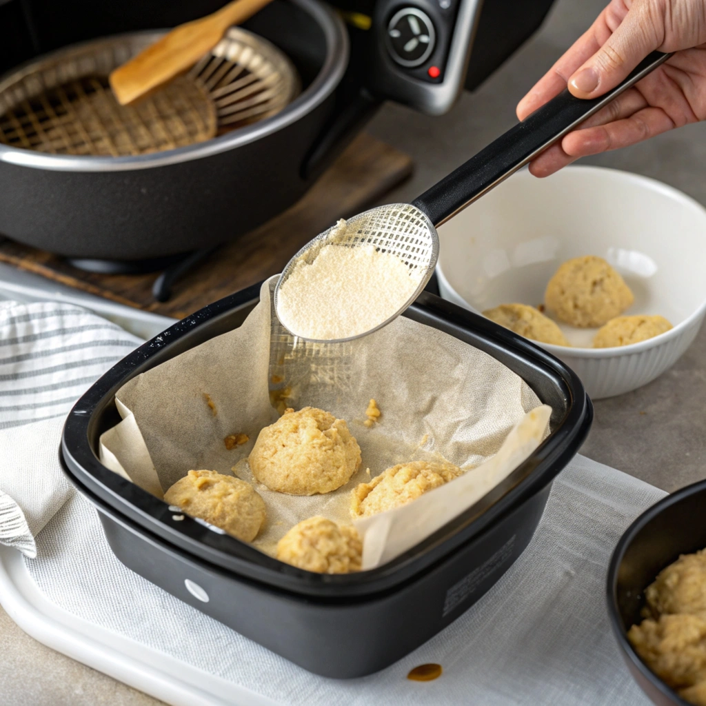 air fryer apple fritters placing fritter batter into air fryer basket