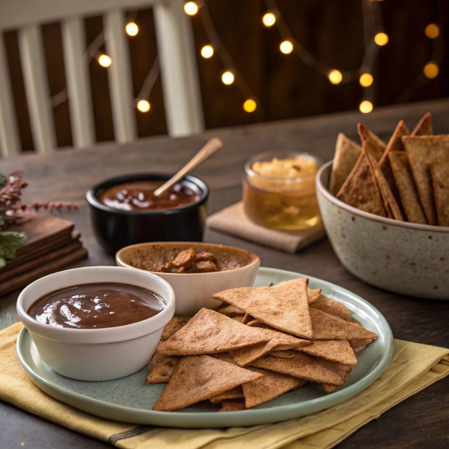 serving air fryer cinnamon tortilla chips with dips