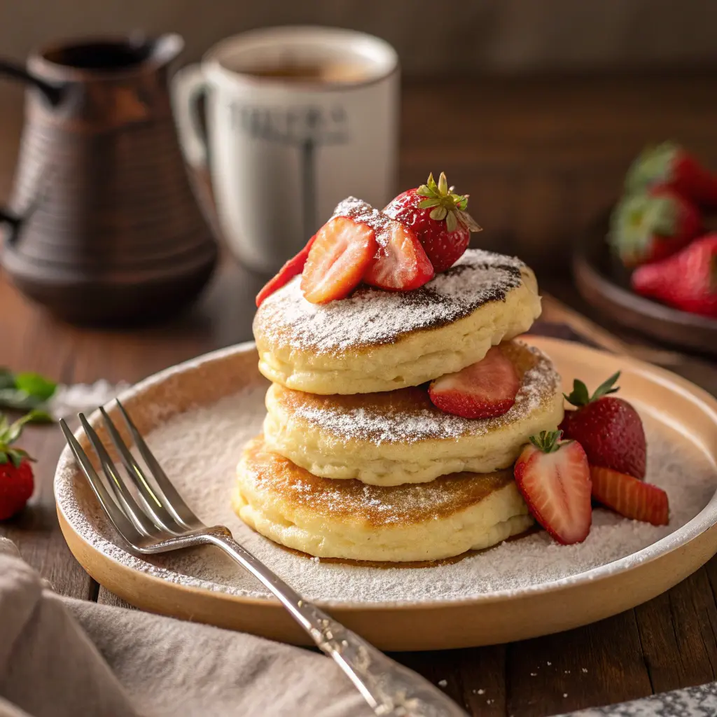 air fryer pancakes Air fryer pancakes served with strawberries and powdered sugar