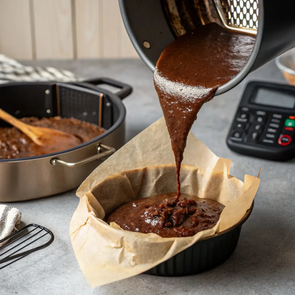 Air fryer brownies pouring batter into pan in air fryer