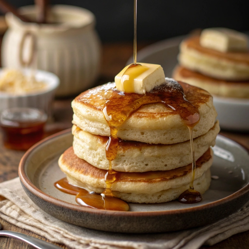 Serving of air fryer buttermilk pancakes with melting butter and syrup”