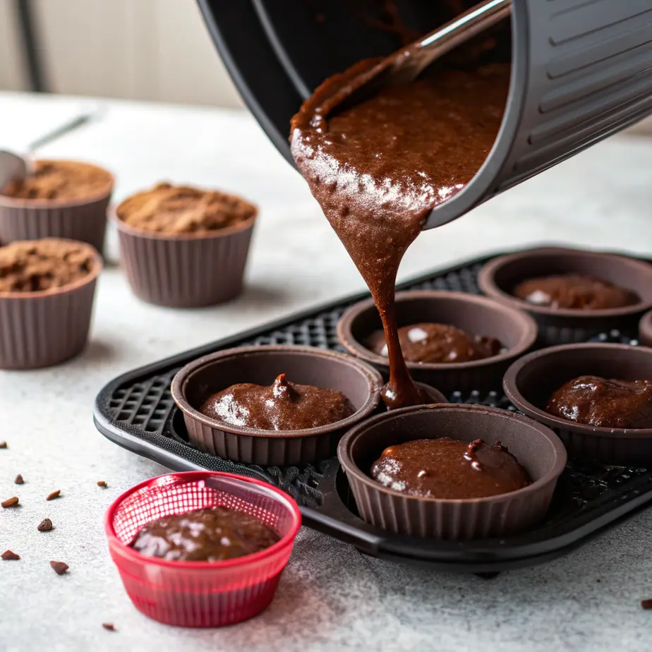 "Freshly baked air fryer vegan brownies in pan"