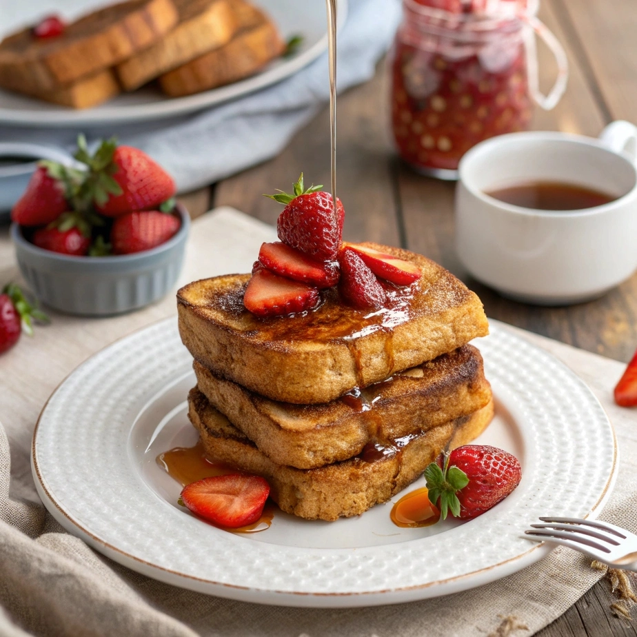air fryer french toast serving air fryer french toast with syrup