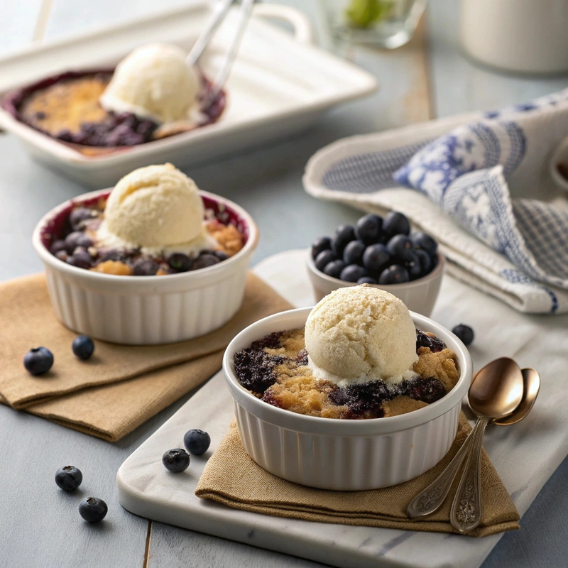 Served Air Fryer Blueberry Cobbler with ice cream and mint