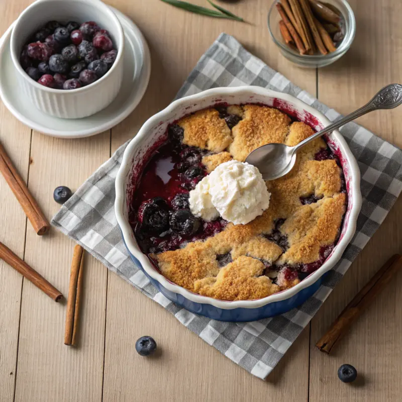 Air Fryer Blueberry Cobbler with melting vanilla ice cream