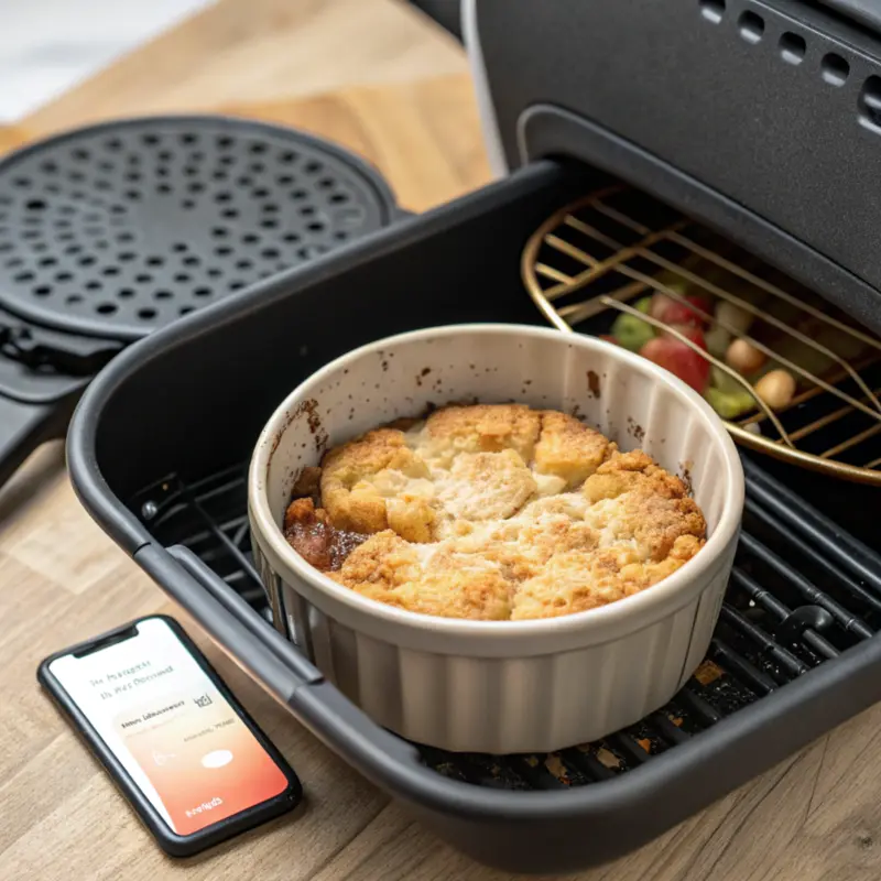 Air Fryer Blueberry Cobbler baking inside air fryer basket
