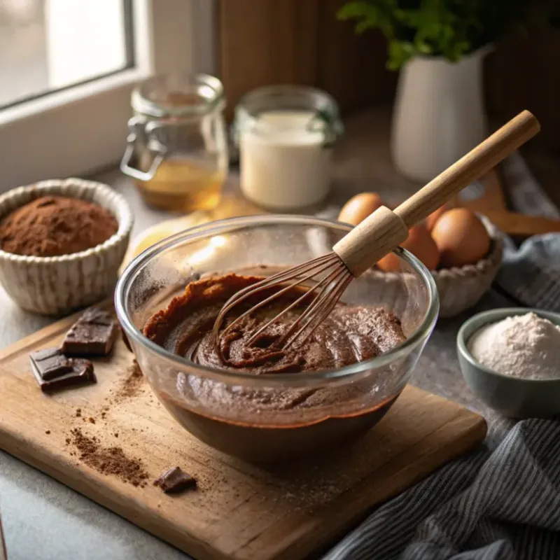 air fryer chocolate donuts Mixing chocolate donut batter”