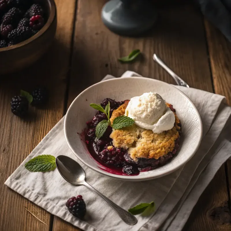 Air Fryer Blackberry Cobbler Air Fryer Blackberry Cobbler served with whipped cream and mint