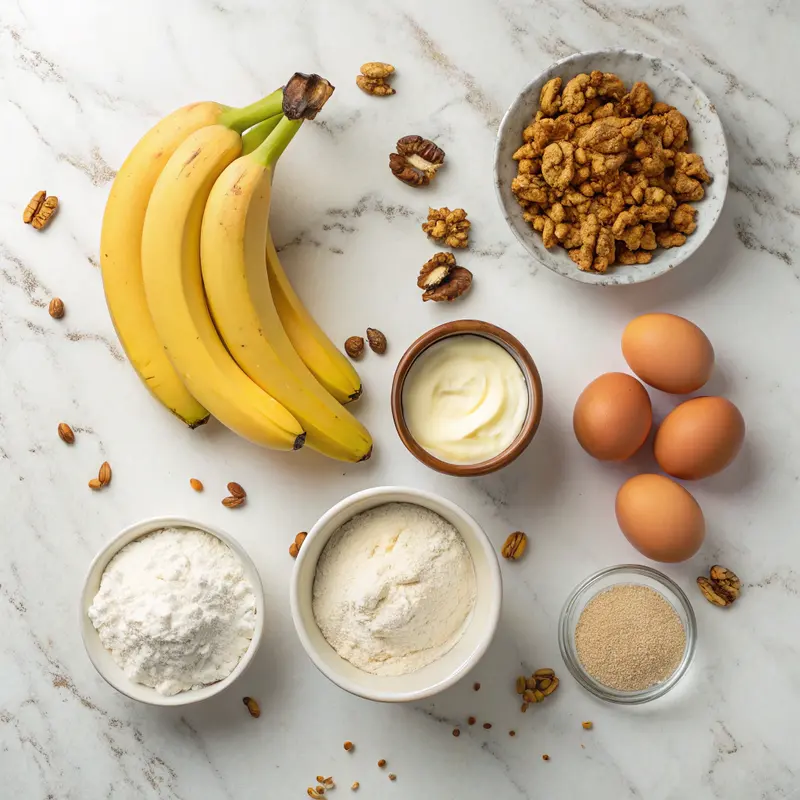 Air Fryer Banana Cake ingredients flat lay
