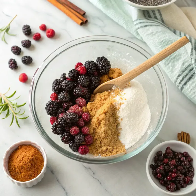 Air Fryer Blackberry Cobbler Mixing blackberries and sugar for Air Fryer Blackberry Cobbler filling