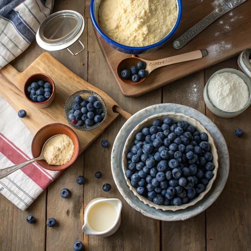 Ingredients for Air Fryer Blueberry Cobbler on countertop