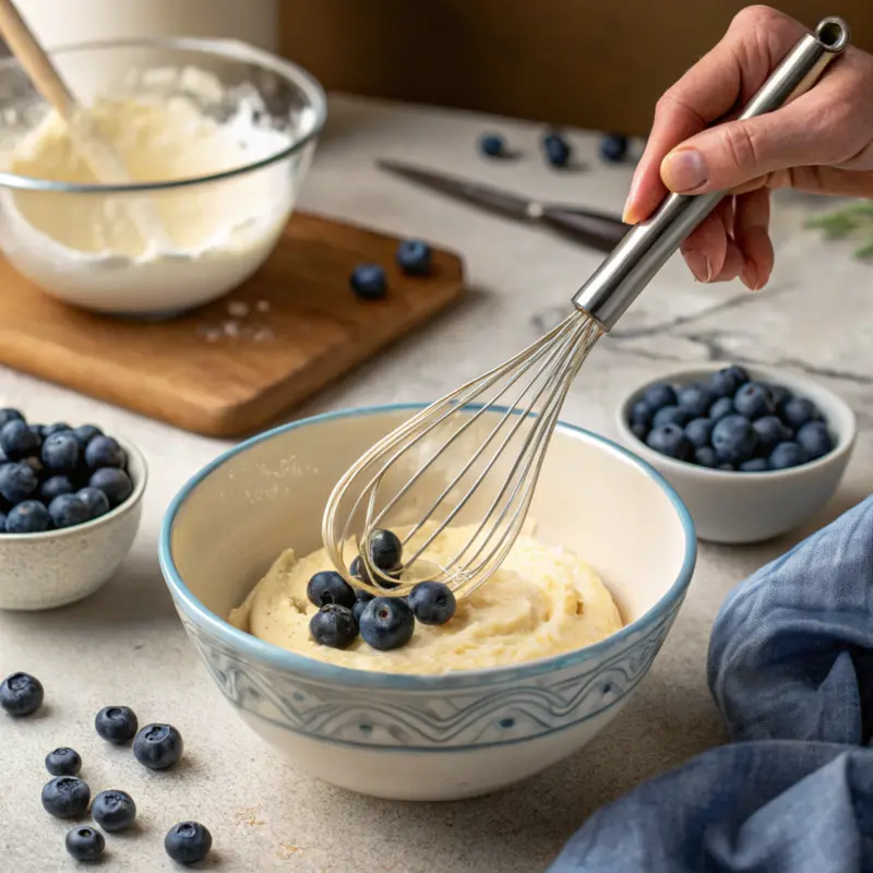 Air Fryer Blueberry Muffins mixing batter for air fryer blueberry muffins