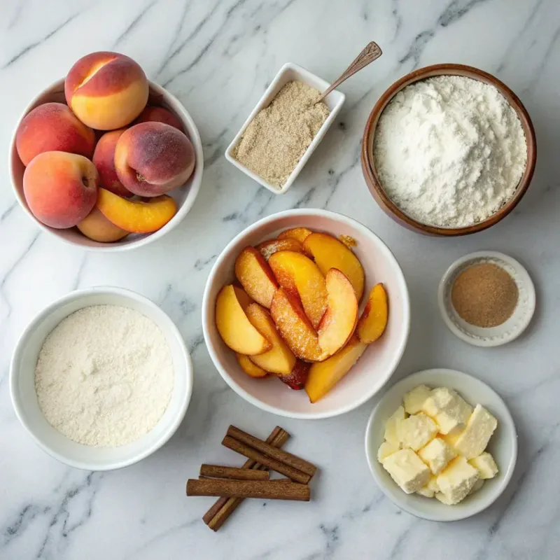 Air Fryer Peach Cobbler Air Fryer Peach Cobbler ingredients flat lay