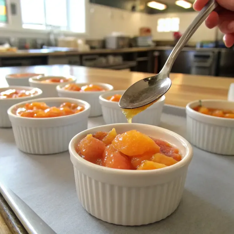 Air Fryer Peach Cobbler Preparing Air Fryer Peach Cobbler in ramekins