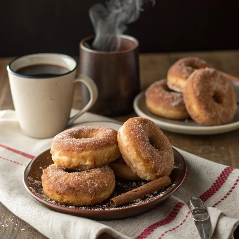 Air Fryer Biscuit Donuts Air Fryer Biscuit Donuts – Fluffy 10-Minute Cinnamon Sugar Magic - plate of warm cinnamon sugar donuts with coffee mu