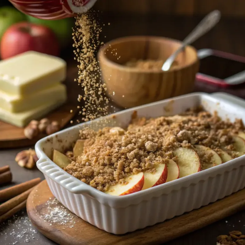 adding oat topping to air-fryer apple crisp