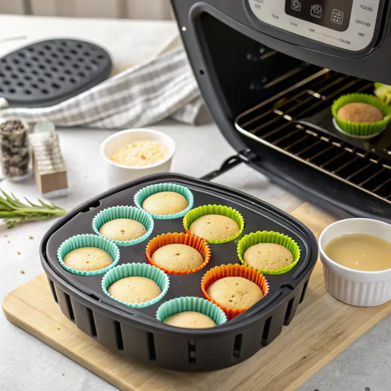Air Fryer Blueberry Muffins filling muffin cups for air fryer blueberry muffins
