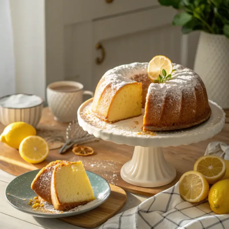 Sliced air fryer lemon pound cake on a cake stand