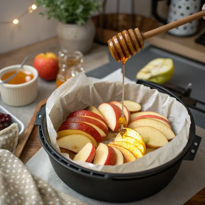 Fryer Upside Down Tart Fruit and honey on parchment in air fryer basket”